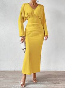 SHEIN Privé tay cánh Đầm Với Xếp li Chi tiết - Màu vàng - Xem 4