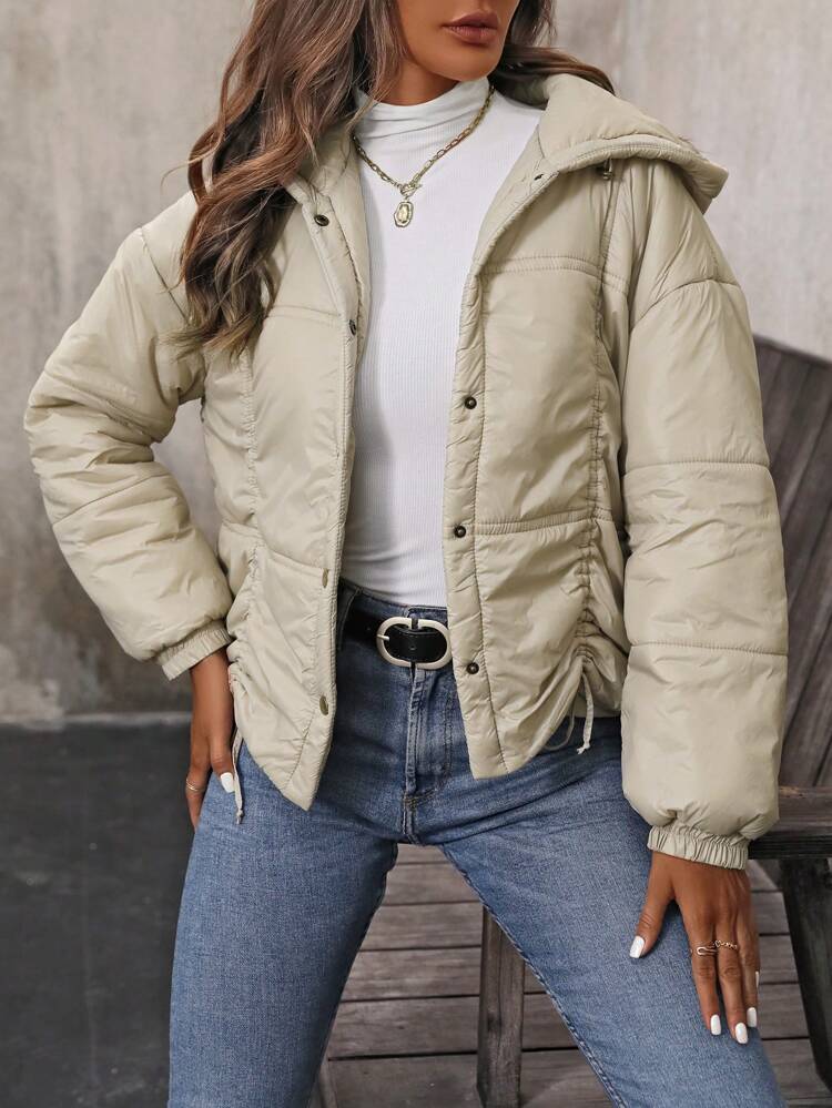 Solid Drawstring Hem Snap Button Front Hooded Winter Coats Fall Cloth For Women