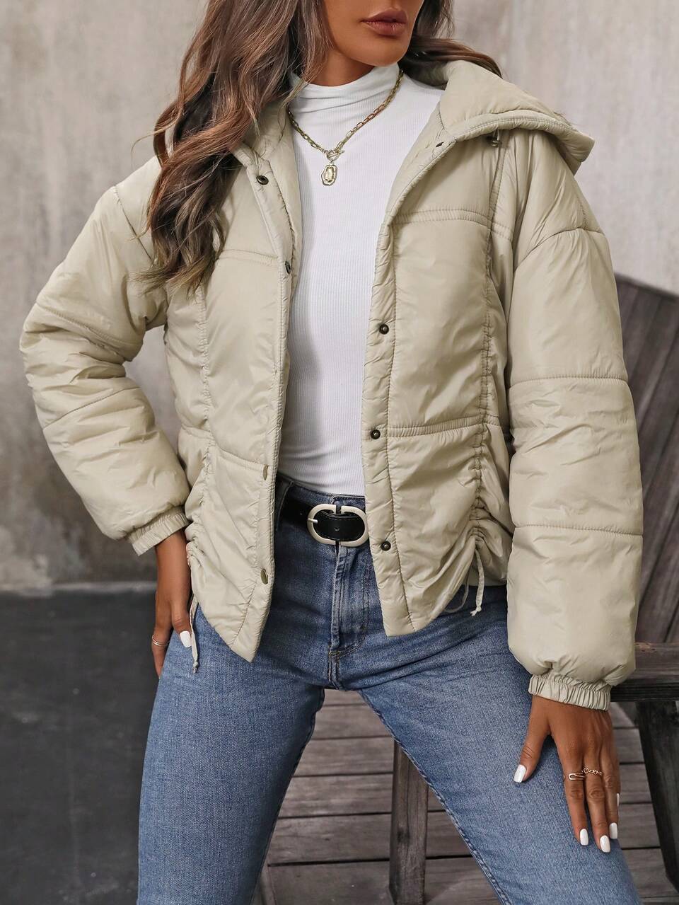 Solid Drawstring Hem Snap Button Front Hooded Winter Coats Fall Cloth For Women
