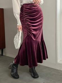 FRIFUL Velvet Mermaid Hem Ruched Skirt - Red Violet - View 7