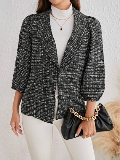 SHEIN Privé Plaid Print Shawl Collar Puff Sleeve Tweed Overcoat