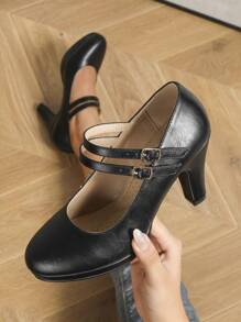 女雙扣設計圓頭防水台高跟鞋,復古瑪莉珍風格,時尚黑色 Pu 工作鞋 - 黑色 - 查看 4