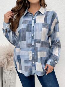 SHEIN LUNE Plus Size Loose Fit Floral Printed Drop Shoulder Sleeve Shirt - Blue - View 5