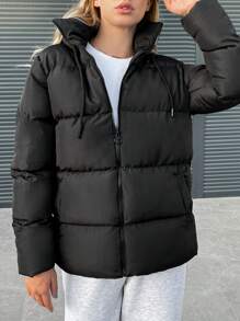 EURMUSE Zipper Front Hooded Padded Jacket - Black - View 2