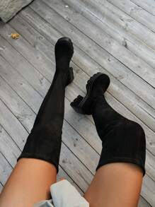 Women's Fashionable Sexy Faux Suede Over The Knee Boots With High Heels And Thick Soles, Black