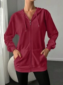 RueChic Women's Zipper Front Drawstring Hoodie - Red - View 4