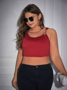 INAWLY Plus Size Women's Asymmetrical Shoulder Top With Metallic Buckle Decoration - Red - View 4