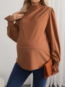 SHEIN Maternity Allover Print Funnel Neck Blouse - Rust Brown - View 2