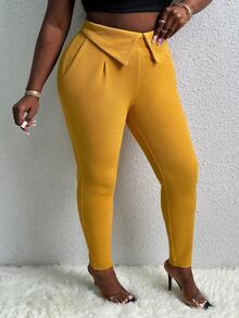 Slaydiva Plus Foldover Waist Skinny Pants - Yellow - View 6