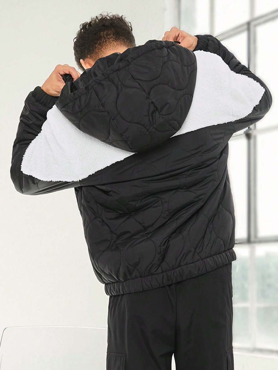 Loose Fit Men's Two Tone Hooded Quilted Coat, For Fall Winter