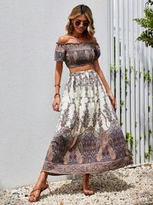 SHEIN VCAY 佩斯利印花一字肩短款上衣&半身裙 - 杏色 - 查看 1