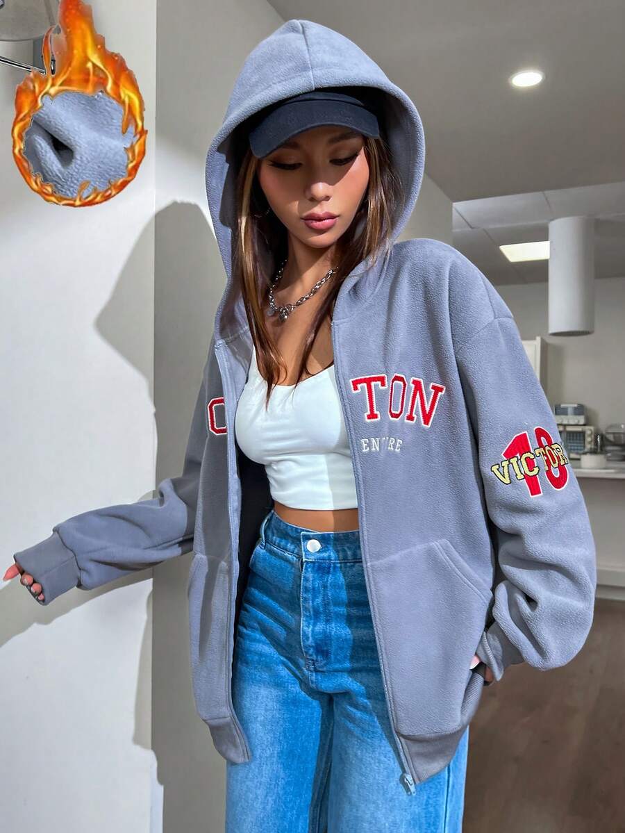 SHEIN Unity 字母刺繡拉鏈開襟落肩袖連帽衫 - 深灰色 - 查看 1