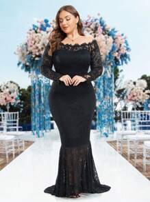 Vestido de noche formal de encaje color negro con hombros descubiertos y estilo cola de sirena, de manga larga, para graduación, cena o fiesta, vestido de invitada de boda - Negro - Ver 4