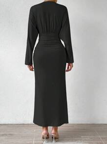 Chiquease Đầm Maxi Ôm Body Xếp Ly Trơn Trang Phục Nữ - màu đen - Xem 2