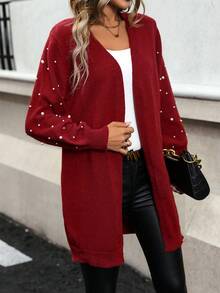 SHEIN Frenchy Ngọc trai đính cườm Áo len Áo len Mở - Đỏ - Xem 4
