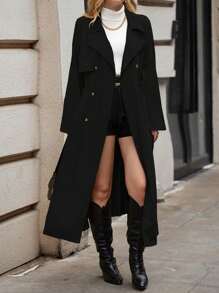 SHEIN CURVE+ 加大號雙排扣翻領風衣 - 黑色 - 查看 1