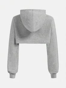 SHEIN Tween Girl Drop Shoulder Super Crop Drawstring Sweatshirt - Light Grey - View 2