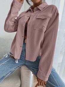 SHEIN EZwear Flap Pocket Button Front Corduroy Jacket - Dusty Pink - View 5