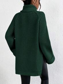 EURMUSE Turtleneck Raglan Sleeve Split Hem Sweater - Green - View 2