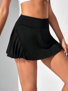 Tennis Casual Solid Pleated Sports Skort - Black - View 1