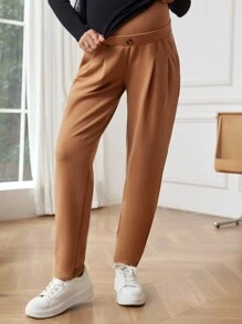 SHEIN Maternity Fold Pleated Adjustable Waist Pants - Apricot - View 5