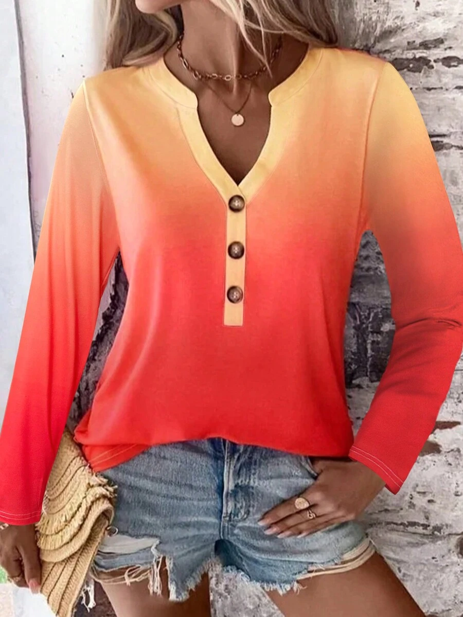 Women's Gradient Color Notch V-Neck Button Design Casual Long Sleeve T-Shirt - Burnt Orange - View 1