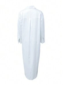 女士欧美风宽松衬衫纽扣细节街头风连衣裙，秋冬休闲白色春季款 - 白色 - 查看 2