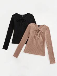 SHEIN Essnce 2 piezas Camiseta con cordón delantero tejido de canalé
