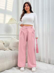 SHEIN EZwear Hơn Cao eo Chi tiết nếp Quần tây - Bụi hồng - Xem 5