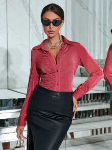 GENKIRA Xù Nút phía trước Áo sơ mi - Màu đỏ tím - Xem 3