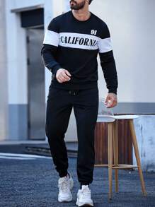 Manfinity Homme Men's Letter Print Color-block Two Piece Outfit - Black - View 1