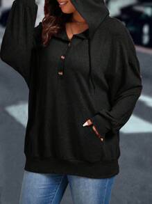 EMERY ROSE Sudadera con cordón y hombros caídos talla grande para mujeres, ideal para graduación, regreso a clases, graduación, maestros, sudadera de otoño e invierno - Negro - Ver 1