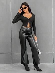 SHEIN Essnce Women's Round Neck Tee With Front Zipper - Black - View 3