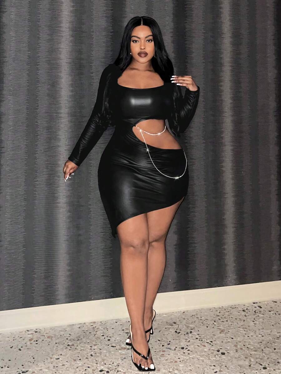 Slaydiva Plus Cut Out Chain Detail Asymmetrical Hem PU Leather Bodycon Dress - Black - View 1