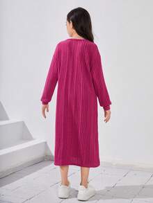 女大童素色下擺開叉落肩袖洋裝 - 藍色 - 查看 2