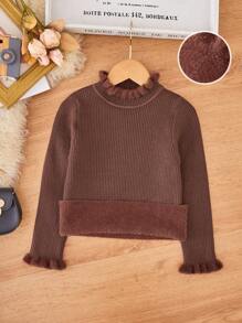 少女毛毛邊立領保暖毛衣 - 咖啡棕 - 查看 1