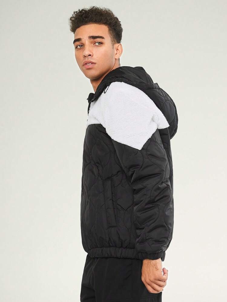 Loose Fit Men's Two Tone Hooded Quilted Coat, For Fall Winter
