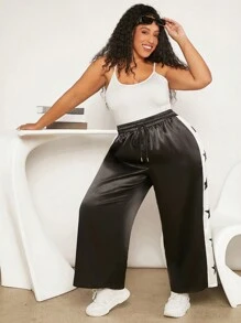 SHEIN CURVE+ 大碼腰部抽繩闊腿褲 - 黑色 - 查看 1