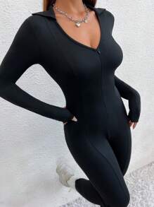 SHEIN Unity Solid Zip Up Unitard Jumpsuit - Black - View 3