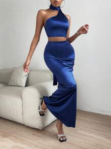 SHEIN X Bru Zolique 單肩垂墜短款上衣&魚尾短裙 - 藏蓝色 - 查看 5