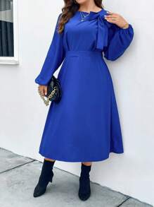 Celure Bow Knot Decorated Lantern Sleeve Dress - Blue - View 4