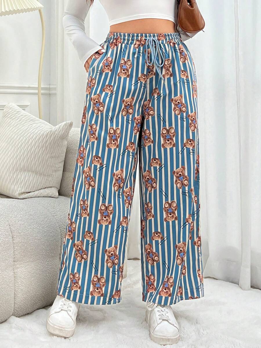 SHEIN EZwear Plus Size Cute Bear, Striped & Printed Pants - Multicolor - View 1