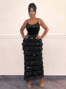 SHEIN SXY new years dress Layered Fringe Trim Cami - Black - View 4