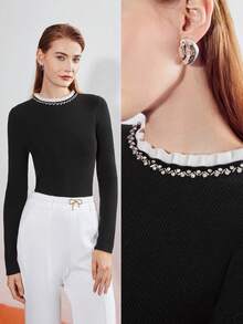 MOTF PREMIUM 褶邊領水鑽套頭毛衣 - 黑色 - 查看 10