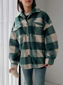 FRIFUL 女式格紋落肩羊毛外套 - 綠色 - 查看 4