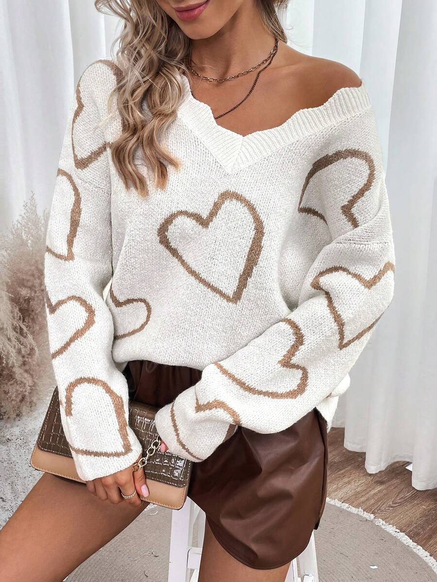 Chiquease Hình trái tim Cắt vỏ sò Thả vai Áo len - trắng - Xem 1