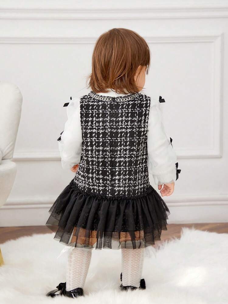 Baby Girls' Sleeveless Patchwork Dress With Knitted Top And Mesh Skirt Set