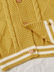 Baby Boy Striped Trim Cable Knit Cardigan - Yellow - View 4