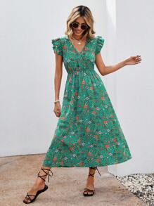 SHEIN VCAY Allover Floral Print Ruffle Trim Dress - Green - View 1