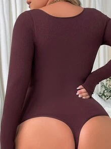 纯色长袖塑身连体衣 - 巧克力棕 - 查看 2